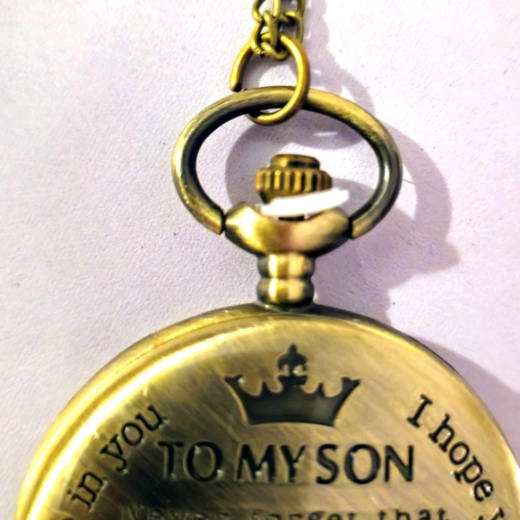 "To My Son" Pocket Watch W/Winder & Long Chain - Picture 4 of 5